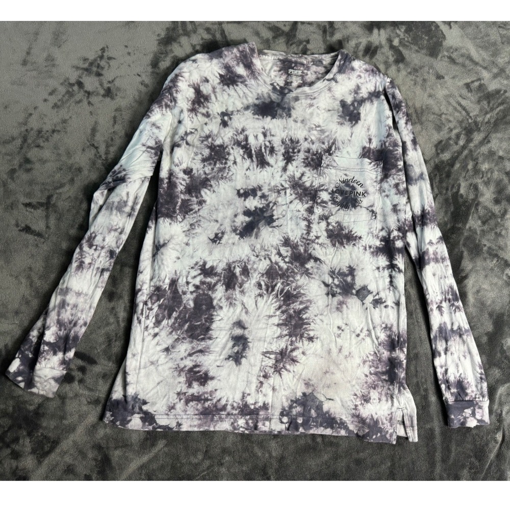 Victoria's Secret PINK Long Sleeve Tie Dye T-Shirt Black White XS Pocket Graphic